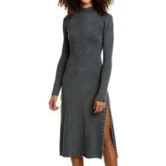 Maje Rully Midi Ribbed Dress Long Sleeve Chain Link Slit Detail Gray 34 / XS - Picture 1 of 11